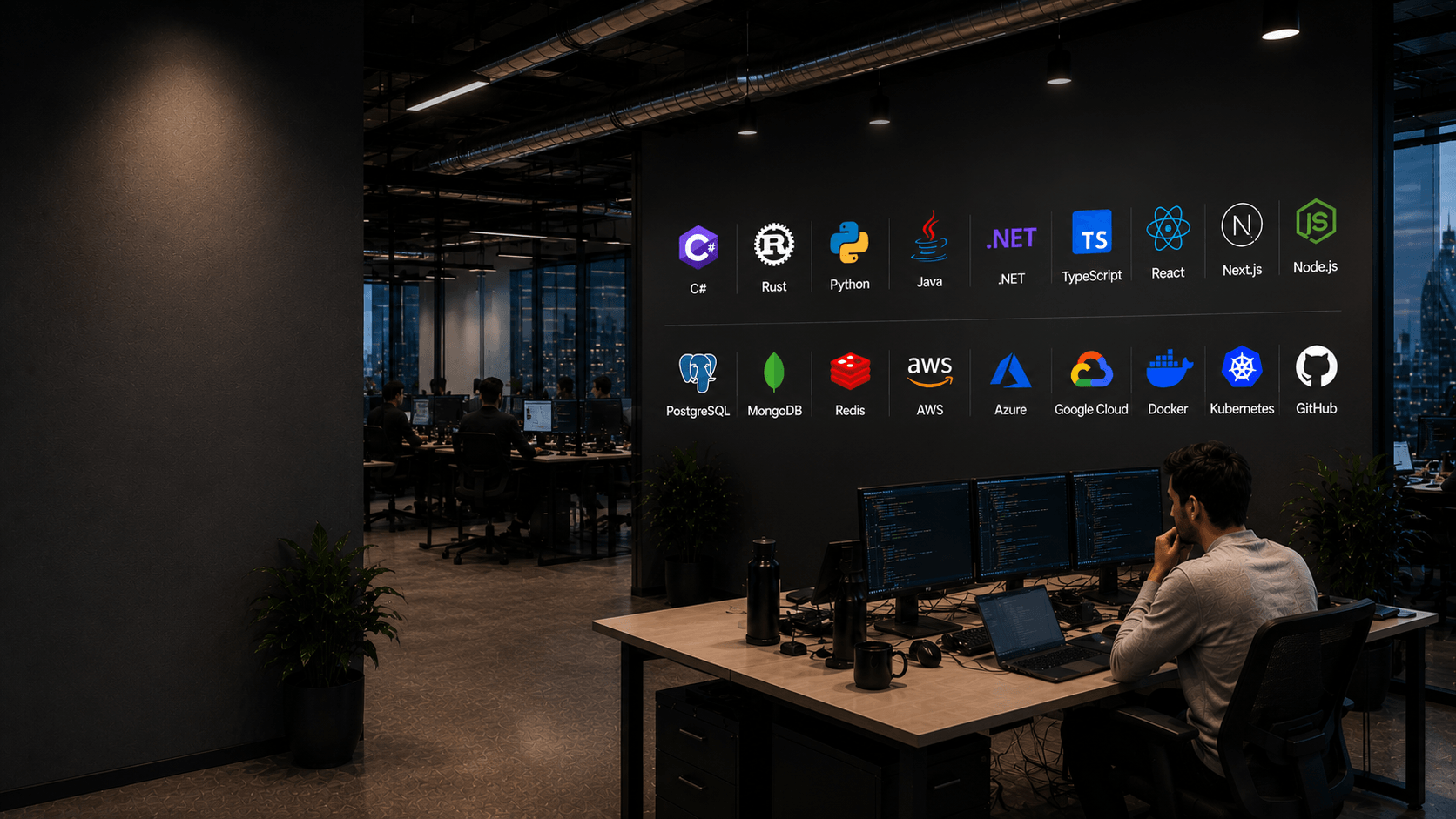 Tech stack covering languages, frameworks, and cloud platforms